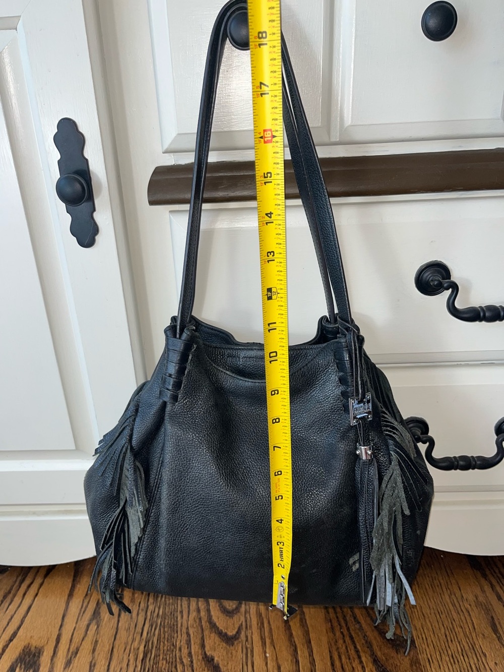 Aimee Kestenberg Black Fringe Pebbled Leather Double Handle Shoulder Bag - Picture 5 of 10